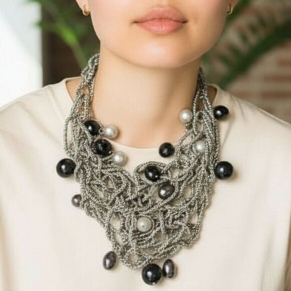 Chunky Neck Size women's Mesh Necklace Black Silver Beads Jewelry Boho Chain